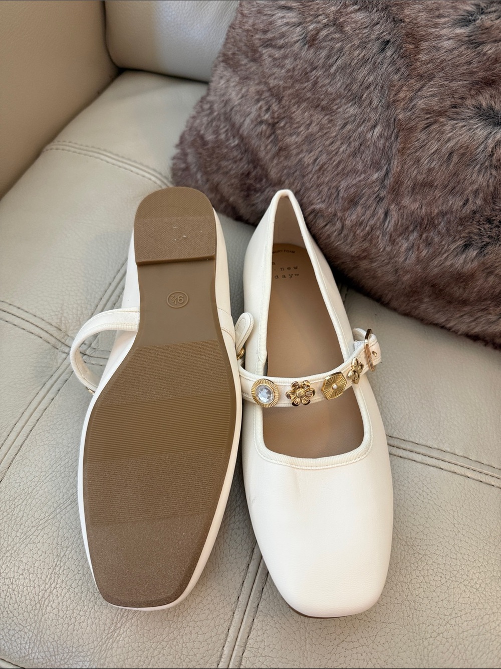 Women's “A new Day” leather Mary Jane Flats cream with gold embellished strap